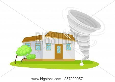 Tornado Or Whirlwind Causing Damage To Residential House Vector Illustration