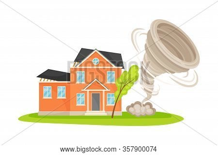 Tornado Or Whirlwind Causing Damage To Residential House Vector Illustration