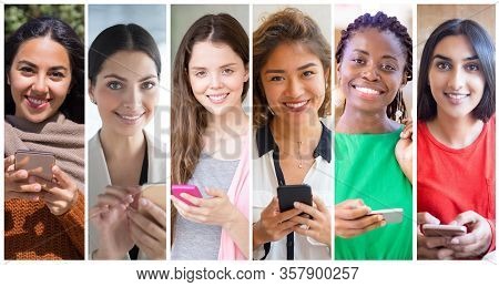 Positive Multiethnic Ladies Using Cellphone Portrait Set. Young Woman Of Different Races With Mobile