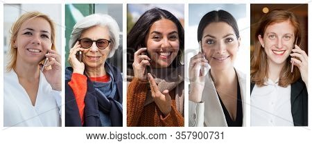 Joyful Happy Ladies Talking On Cells Portrait Set. Women Of Different Races And Ages With Mobile Pho
