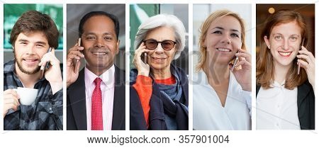 Positive Happy Men And Women Speaking On Cellphone Portrait Set. People Of Different Races And Ages 