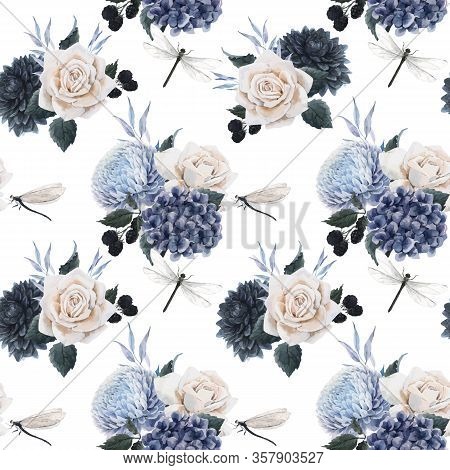 Beautiful Vector Seamless Floral Pattern With Watercolor Blue Flowers, White Roses And Dragonflies .