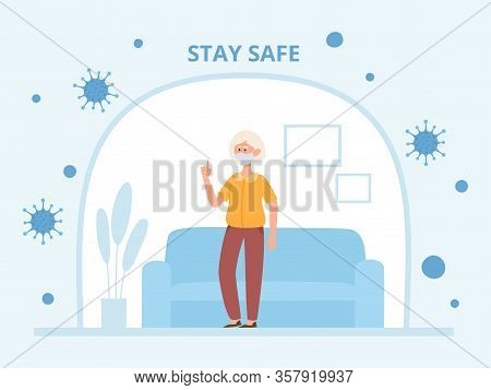 Old Woman In Face Mask In Selfisolation From Coronavirus.