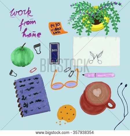 Work From Home Set On Blue Background. Hand Drawing. Freelance/distant, Remote Work. Stationery, Lap