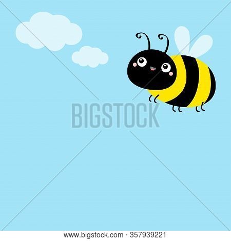 Bee Icon. White Clouds. Flying Insect Collection. Cute Cartoon Kawaii Funny Baby Caharacter. Happy V