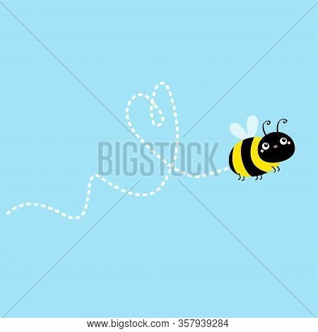 Bee Icon. Dash Line Heart. Flying Insect Collection. Cute Cartoon Kawaii Funny Baby Caharacter. Happ