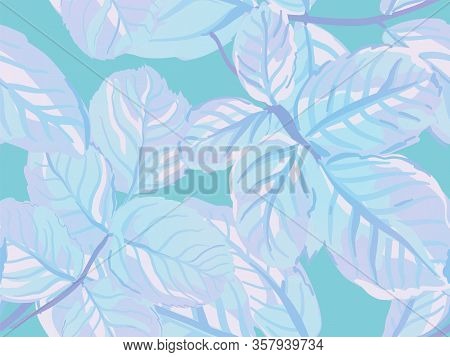 Romantic Botanical Vector Background. Painted English Rose Leaf Patterns Collection. Aqua Menthe And