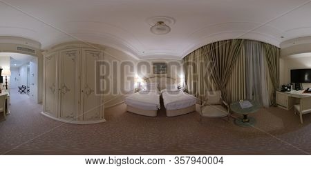 Moscow, Russia - March 6, 2020: 360 vr panorama of luxury bedroom in Radisson Collection Ukaraine hotel