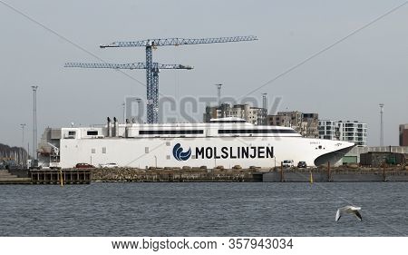 Aarhus, Denmark - 24 March 2020:  The High-speed Ferry Express 3 Of The Shipping Company Molslinjen 