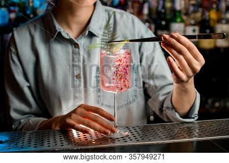 Lady Barman Gently Decorates Glass With Rose Cocktail By Piece Of Green Plant.