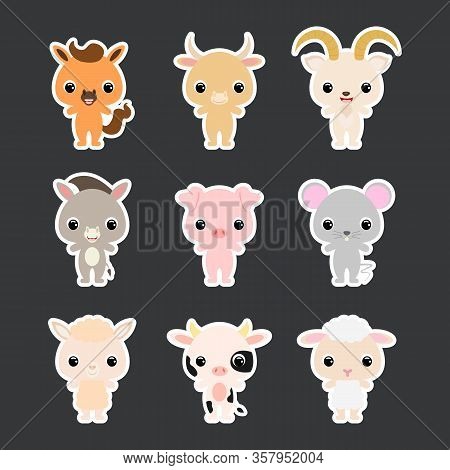 Set Of Children's Domestic Animal Stickers. Flat Vector Stock Illustration