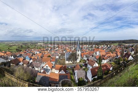 Scenic View From Muenzenberg Castle To Village Of Muenzenberg And Wetterau Area In Hesse, Germany