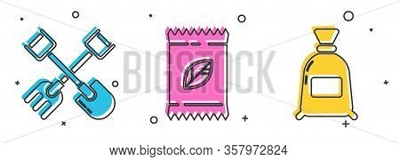 Set Shovel And Rake, A Pack Full Of Seeds Of A Specific Plant And Bag Of Flour Icon. Vector