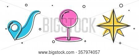 Set Route Location, Push Pin And Wind Rose Icon. Vector