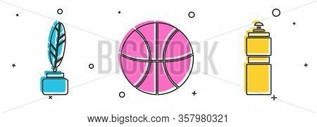 Set Feather And Inkwell, Basketball Ball And Fitness Shaker Icon. Vector