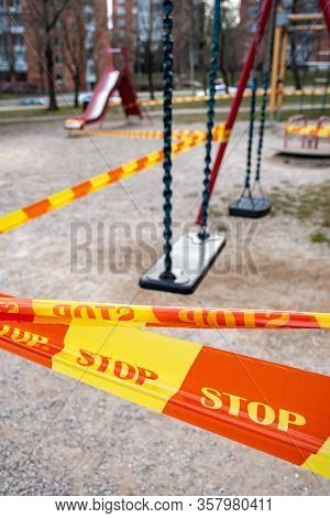 Park Kids And Children Playground For Game And Activity Empty And Closed For Coronavirus Or Covid19,