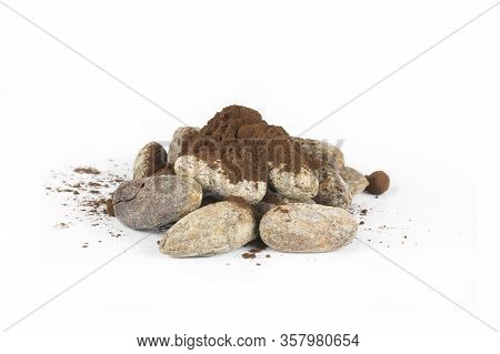 Cocoa Beans With Cacao Powder Isolated On White Background, Healthy Natural Food