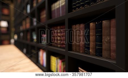 Wooden Bookshelf Full Of Books From Library With Modern And Classic Books Deep Of Field Effect 3d Re