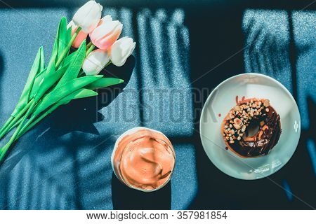 Flay Lay Favorite And Trend Of Summer Drink From Dalgona Or Frothy Coffee On White And Shadow Of Pal