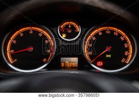 Opel Corsa - Car Panel, Digital Bright Speedometer, Odometer And Other Tools.novosibirsk, Russia - F