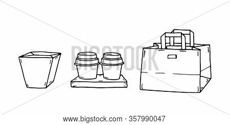 Line Art Doodle Set Of Paper Bag, Two Takeaway Coffee In Disposable Cups On Stand And Wok Box Isolat