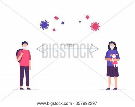 Social Distancing, Keep Distance In Public Society People To Protect From Covid-19 Coronavirus. Kids