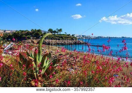 All Year Sun Travel Destination In Europe, Blue Ocean Water On Beach Playa Del Duque In Costa Adeje,