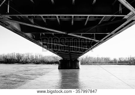 Steel Bridge Design Above The River Urbanistic View Of Achieving Humanity Black And White Photo