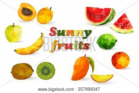 Bright Fruits And Berries In The Style Of Low Poly, Watermelon, Apricot, Mango, Banana, Kiwi, Lime, 