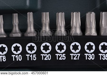 Macro Detail Of A Set Of Torx Screwdriver Bits In Their Box
