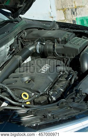 Dnepropetrovsk, Ukraine - 06.08.2022: Audi Q3 In Black. Subcompact Luxury Crossover Audi Q3. Close-u