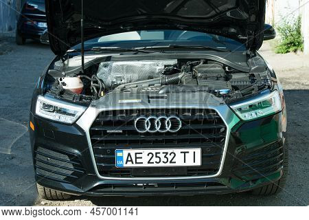 Dnepropetrovsk, Ukraine - 06.08.2022: Audi Q3 In Black. Subcompact Luxury Crossover Audi Q3. Close-u