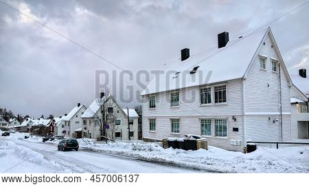 Traditional Houses In Narvik In Nordland County Of Norway In Winter