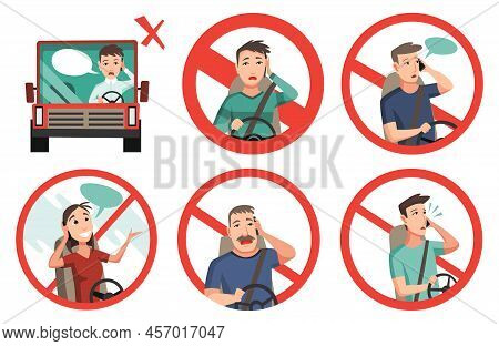 Phone While Driving. Safety Driving Rules. Do Not Use Mobile. Man And Woman Talking On Phone Or Usin