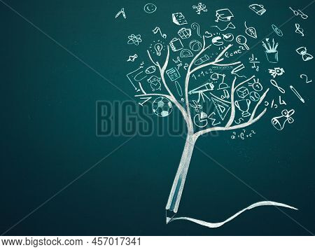 Education Concept, Studying, Knowladge. Pencil Tree With Hand Drawn School Doodle Icons. Learning Sy