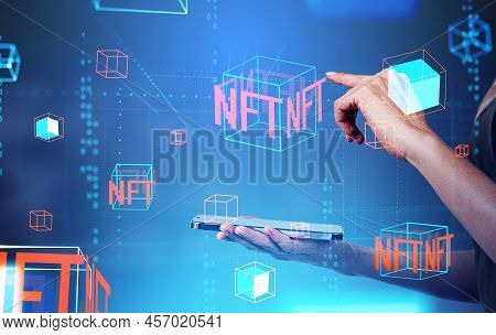 Woman Using Phone, Finger Touch Digital Block With Nft Hologram. Cryptoart And Token Create. Digital