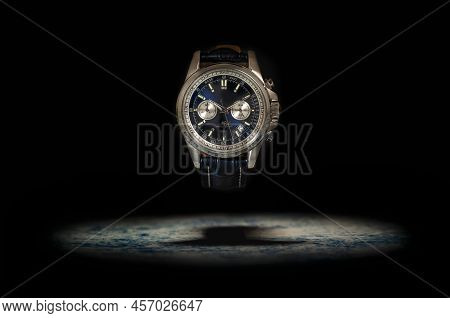 Studio Shot Of A Blue Fancy Luxury Unbranded Men Watch On The Black Background. Stainless Steel Man'