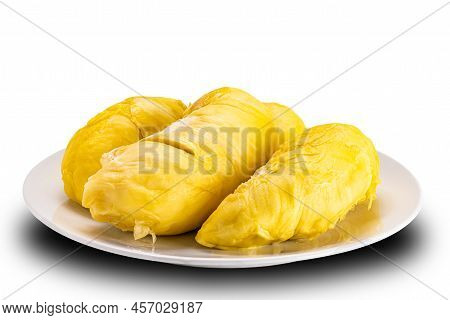 Closeup View Of Fresh Durian Palps In White Ceramic Plate Isolated On White Background With Clipping