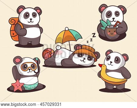 Summer Cute Panda Resting On The Sea In Different Positions Lies And Sunbathing Or Travel