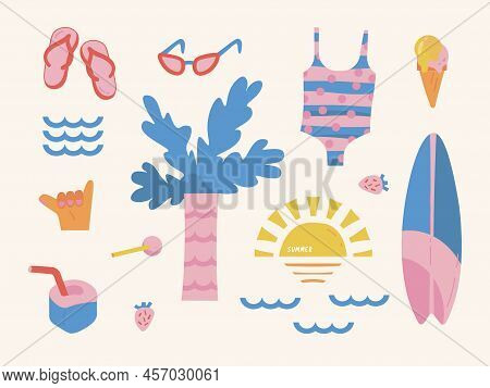 Travel Illustration, With Sun, Sea, Surfboard, Strawberry, Ice Cream, Glasses And Flip Flops Element