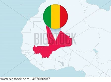 Africa With Selected Mali Map And Mali Flag Icon. Vector Map And Flag.