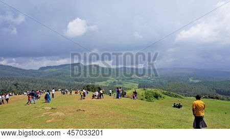 Ooty,tamilnadu,india-june 04 2022:tourists Enjoying Beautiful Wenlock Downs 9Th Mile Shooting Point.