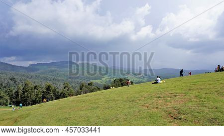Ooty,tamilnadu,india-june 04 2022:tourists Enjoying Beautiful Wenlock Downs 9Th Mile Shooting Point.