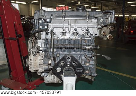 View From The Side Of The Exhaust Manifold Mounting On The Assembled Automobile Internal Combustion 