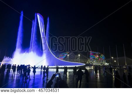 Evening Show Of Singing Fountains In The Olympic Park Sochi.