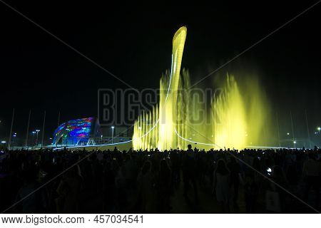 Evening Show Of Singing Fountains In The Olympic Park Sochi.