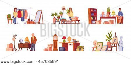Vintage Market. People On Fair With Books, Fashion And Interior Decorations. Clothes And Furniture. 