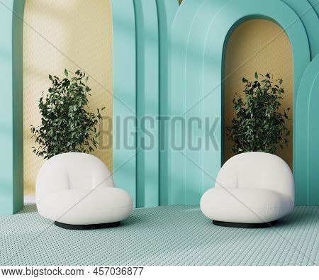 Bright Colorful Interior With 2 Armchairs, Bluea Arches And Yellow Wall, Green Plants In Pot, 3d Ren