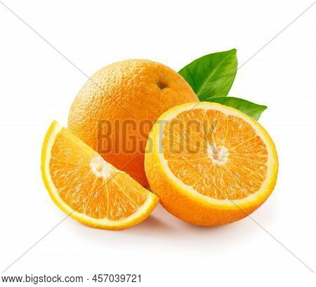 Tasty Orange With Half Of Orange And Orange Slice Isolated On White Background.