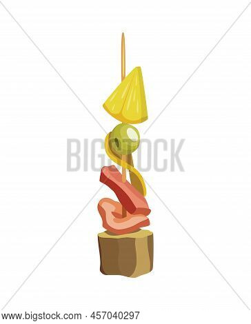 Canape Of Appetizer With Toppings. Snack For Party, Cold Food On Wooden Stick. Canape For Buffet, Ic